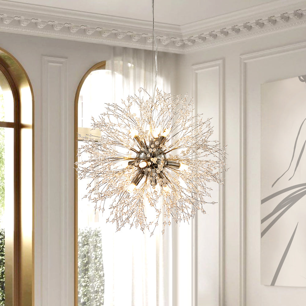 Delphine firework crystal chandelier – by an arched window