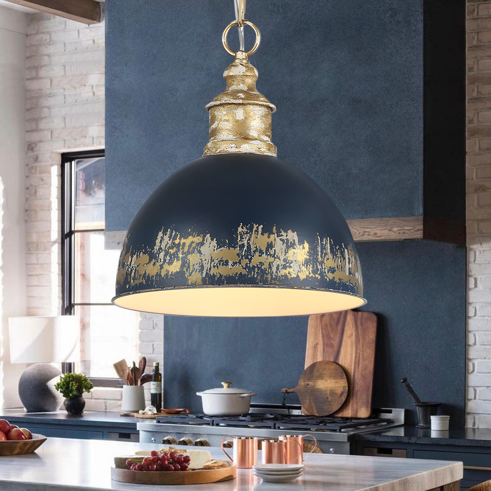 Marisol painted dome pendant – in navy in a dark kitchen