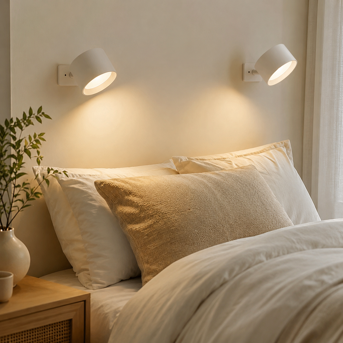 Two white Kenna wall lights above a bed