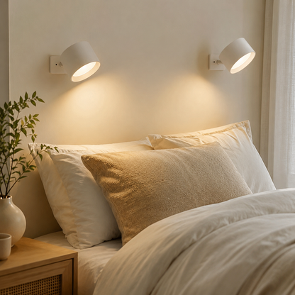 Two white Kenna wall lights above a bed