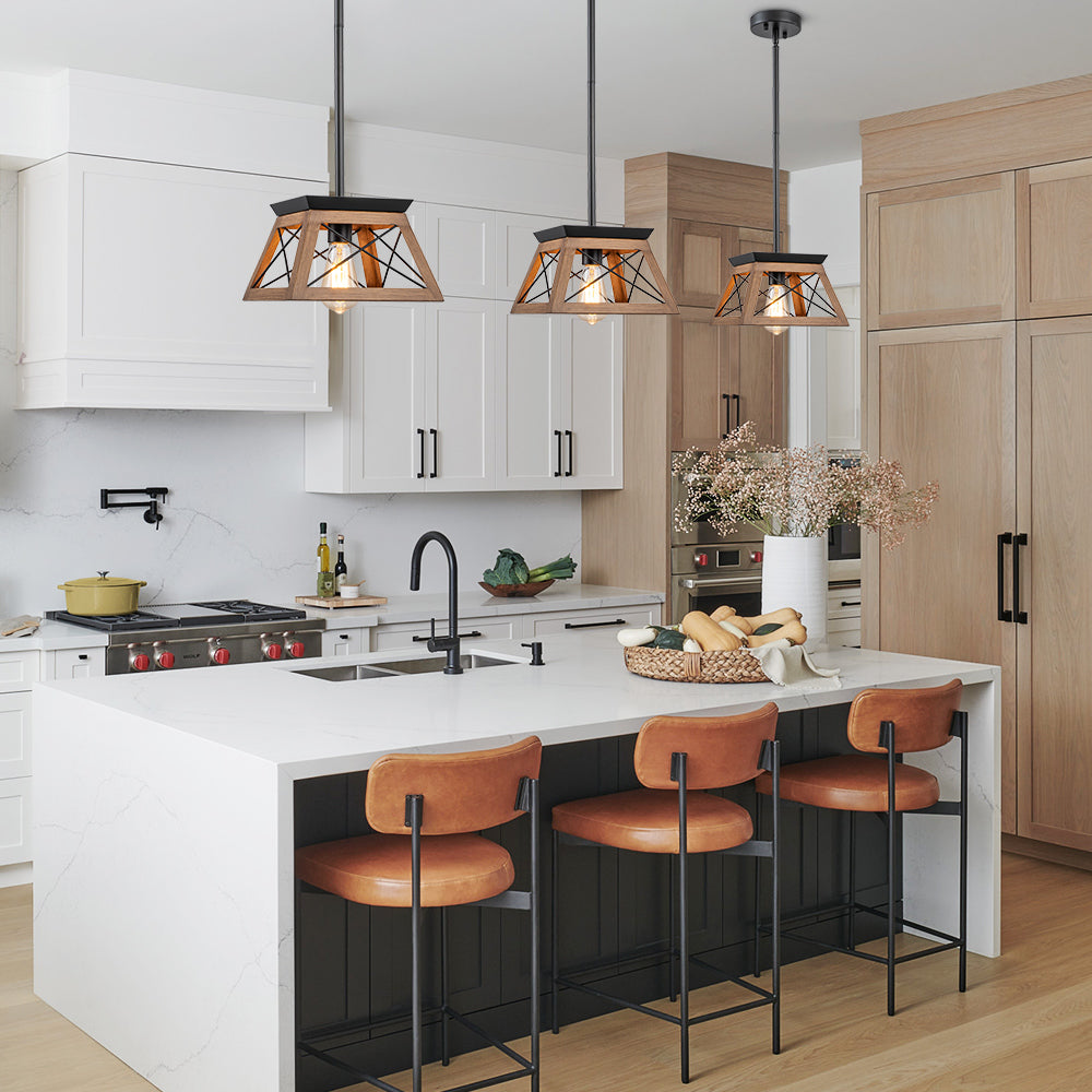 Horatio square cage pendant light – three over a white kitchen island