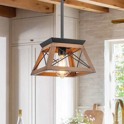 Horatio square cage pendant light – brown with a wooden beam