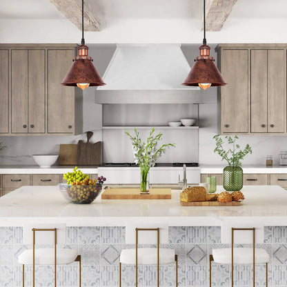 Carlotta copper cone pendant light – two in a white kitchen