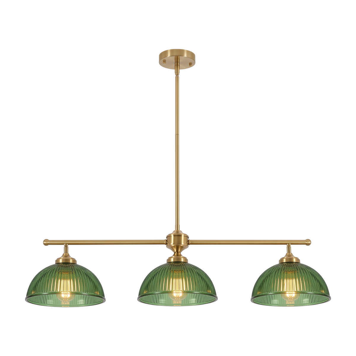 Eleonora ribbed glass pendant – 3-light version in green glass with brass bar, lit, on white