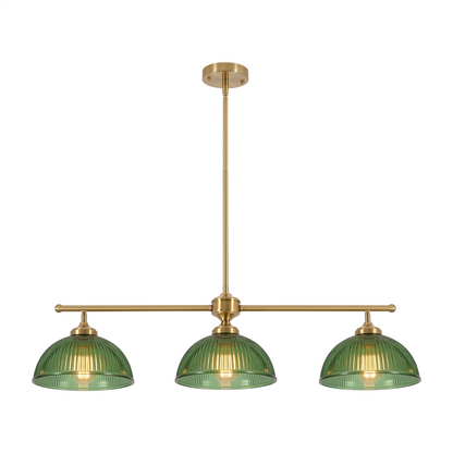 Eleonora ribbed glass pendant – 3-light version in green glass with brass bar, lit, on white