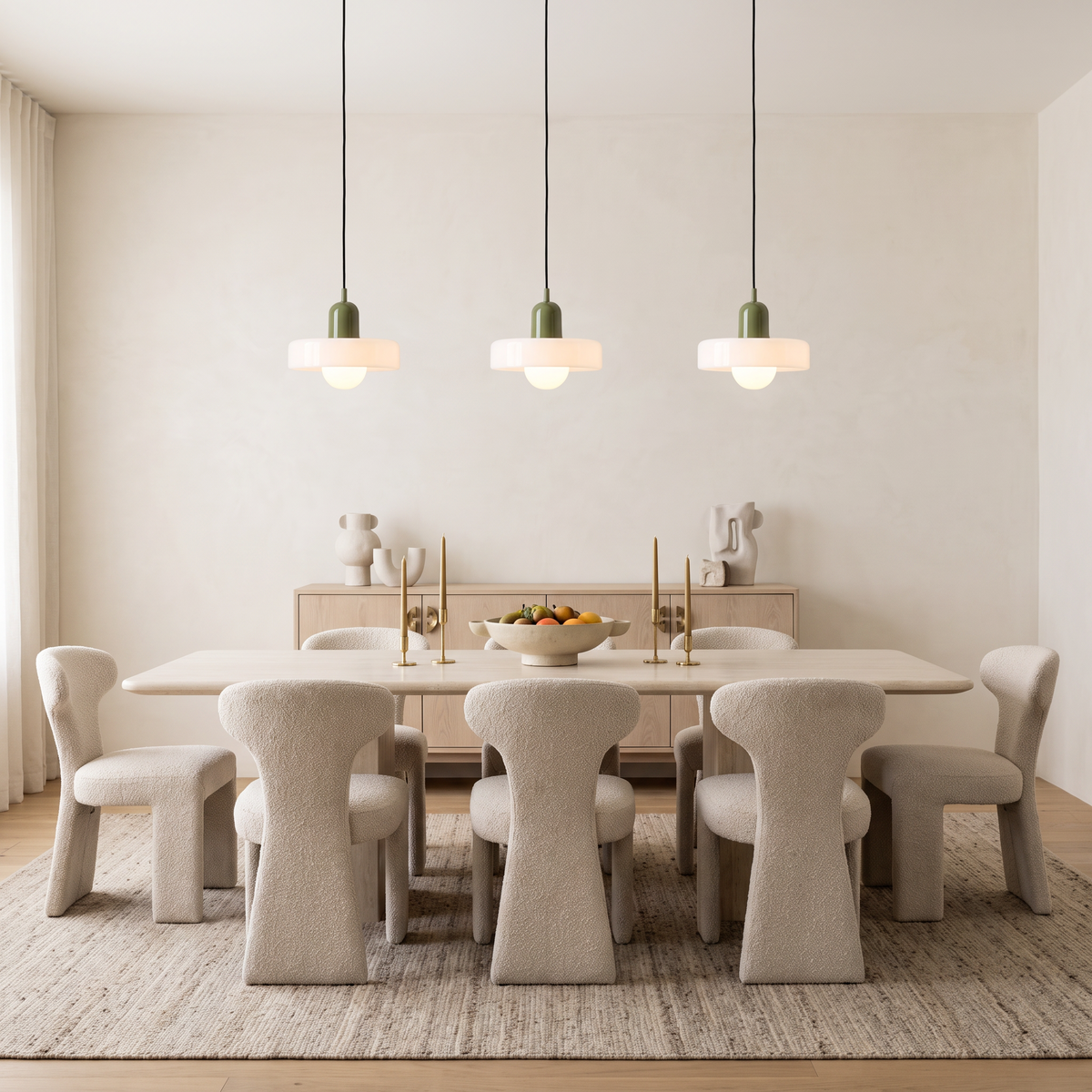 Three Verona pendant lights above a dining table
