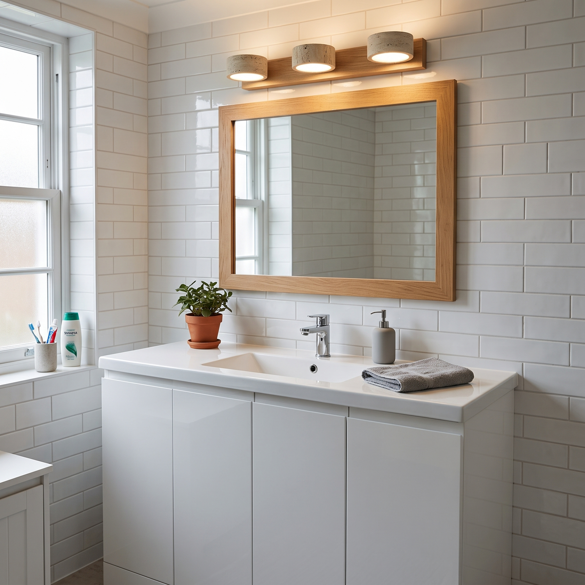 Livia 3-light travertine wall light above a bathroom mirror