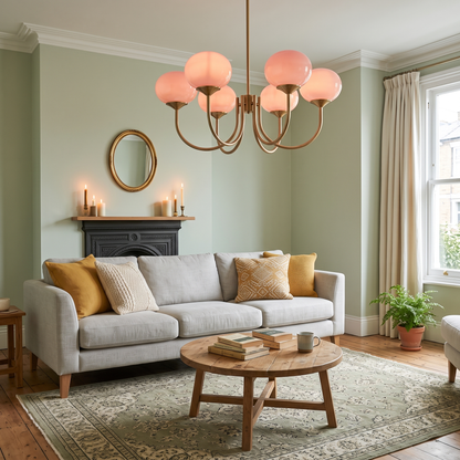 Margaux pink glass chandelier in a living room