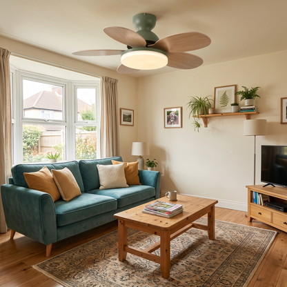 Flora wood-grain ceiling fan in a living room