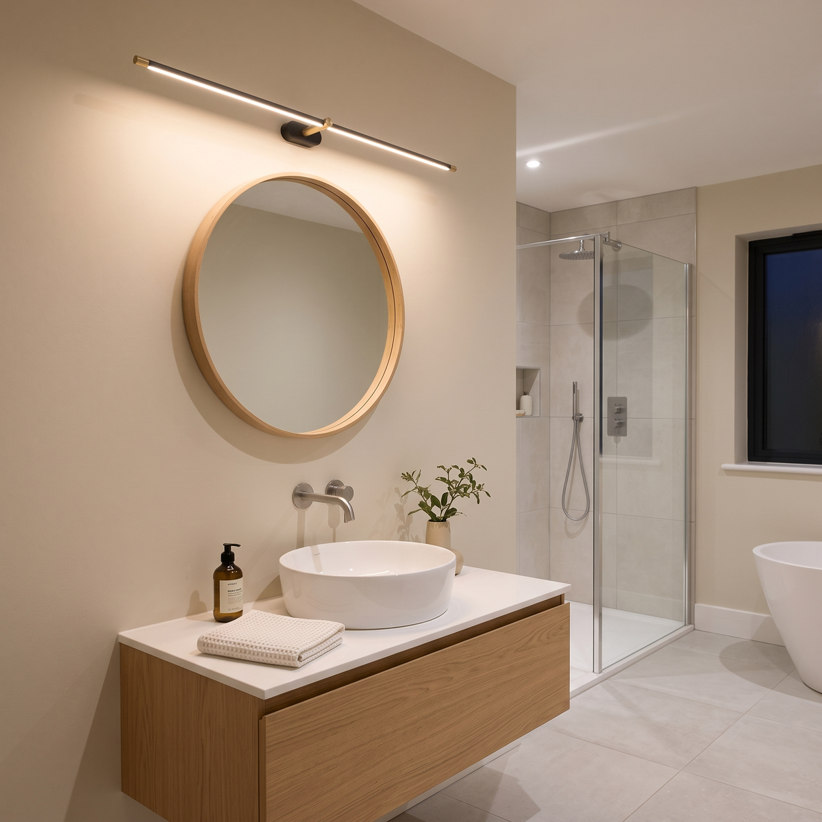 Aurelia cordless LED wall lamp – black and gold, lit above a bathroom mirror