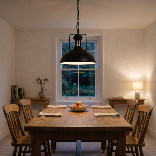 Hugo industrial dome pendant – glowing above a dining table