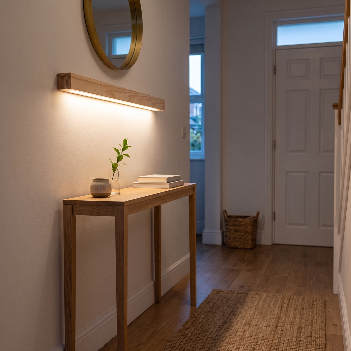Alessio wood linear wall light – glowing above a hallway console