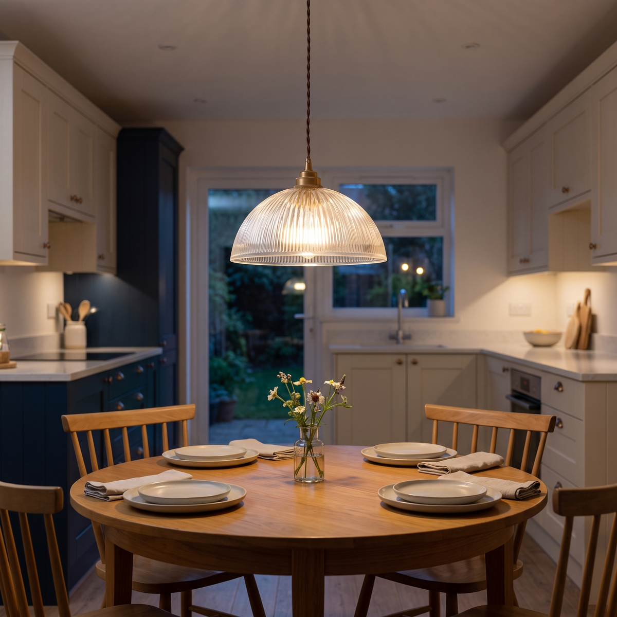 Eleonora ribbed glass pendant – glowing above a round kitchen table