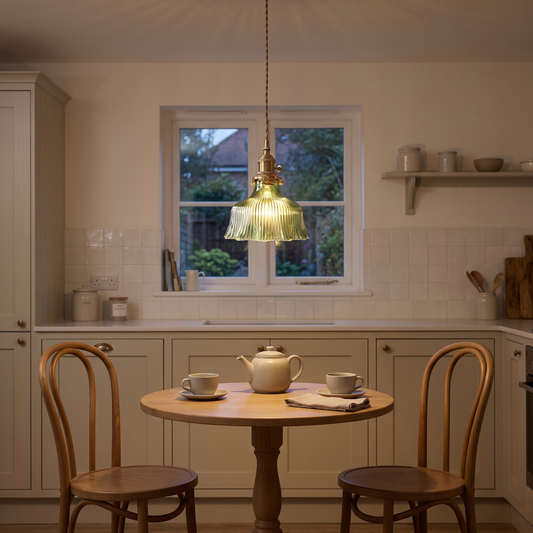 Rosalie green flower glass pendant – glowing above a bistro table