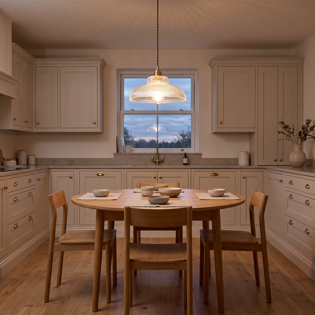Estella ribbed glass pendant – glowing above a kitchen table