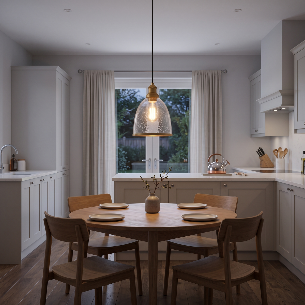 Sienna seeded glass pendant – glowing above a kitchen table