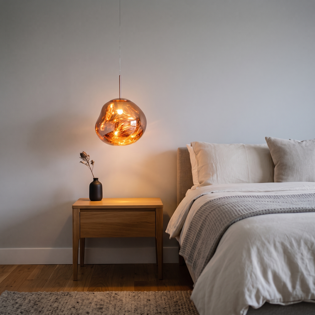 Maribel amber melt pendant – glowing beside a bed