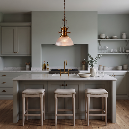 Everett ribbed glass pendant – glowing above a kitchen island