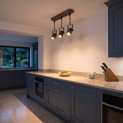 Montague 3-light track ceiling light – glowing above a kitchen worktop