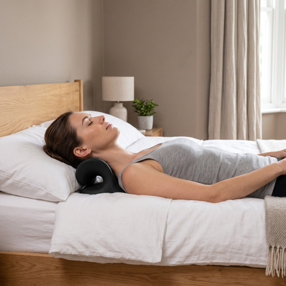 Winifred neck support pillow – in use on a bed