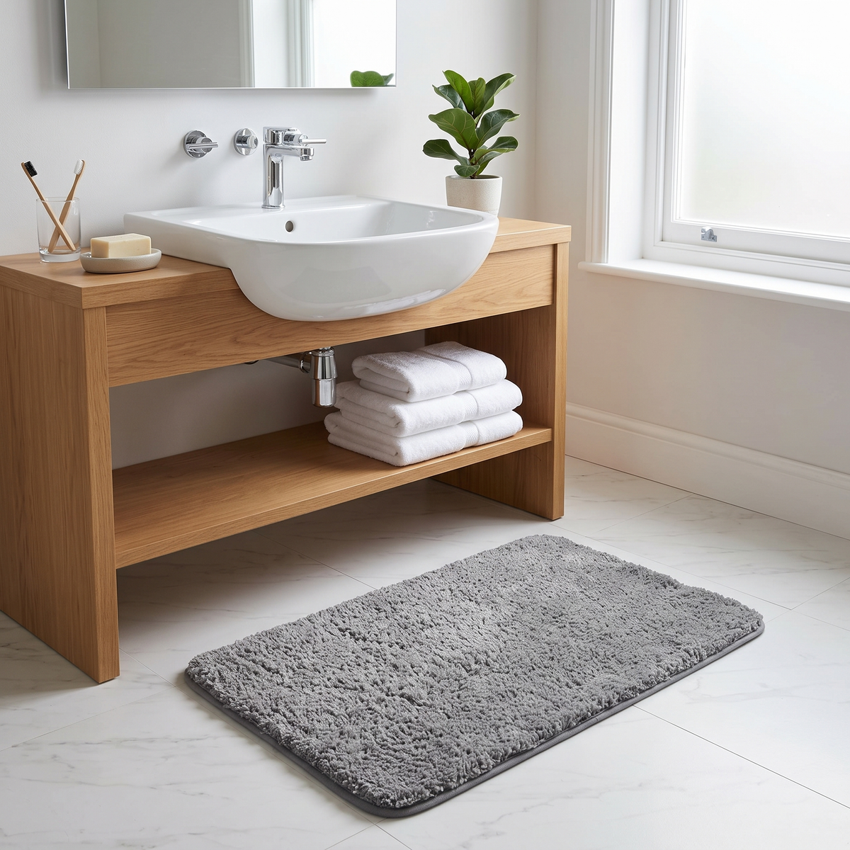 Mabelle plush bath mat – in front of a vanity