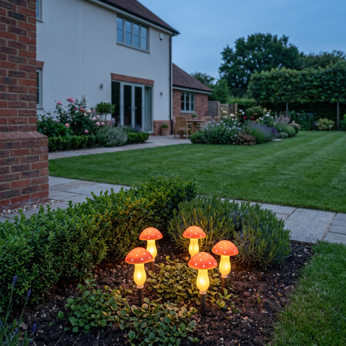 Merrick mushroom solar lights – glowing in a flower bed