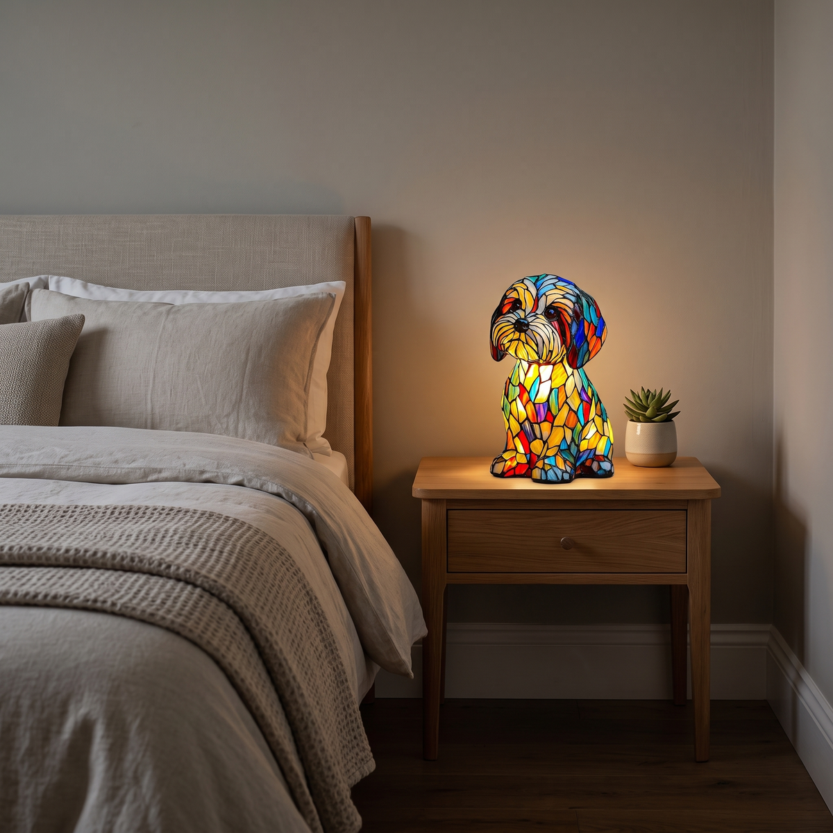 Hollis stained glass dog lamp – glowing on a bedside table