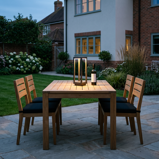 Bram portable LED table lamp – glowing on a patio table