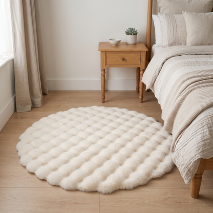 Nerys bubble round rug – beside a bed
