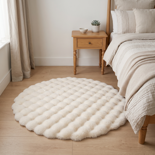 Nerys bubble round rug – beside a bed