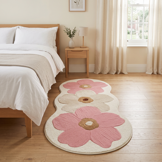 Liesl floral wavy-edge rug – beside a bed