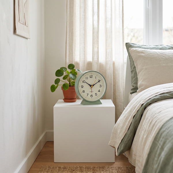 Hermione silent alarm clock – on a bedside table