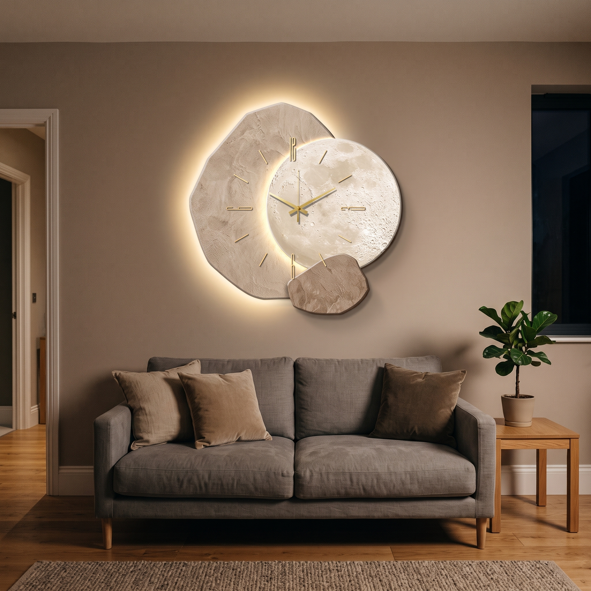 Hugh large LED wall clock – glowing above a sofa