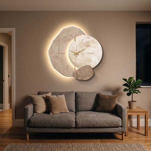 Hugh large LED wall clock – glowing above a sofa