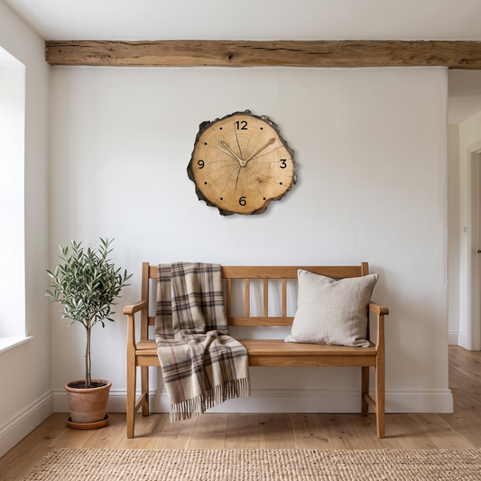 Godric wood slice wall clock – in a cottage sitting room