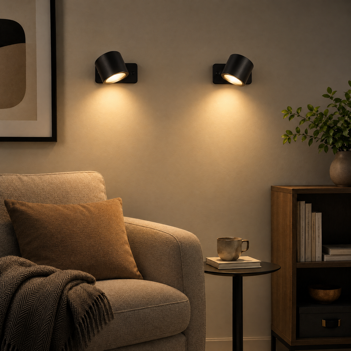 Two black Kenna wall lights in a living room