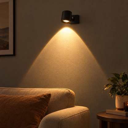 Kenna sunset projection wall light in black casting an arch of light above a sofa