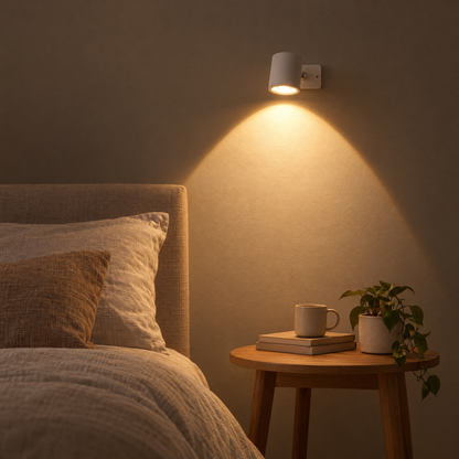Kenna sunset projection wall light in white casting an arch of light above a bedside table