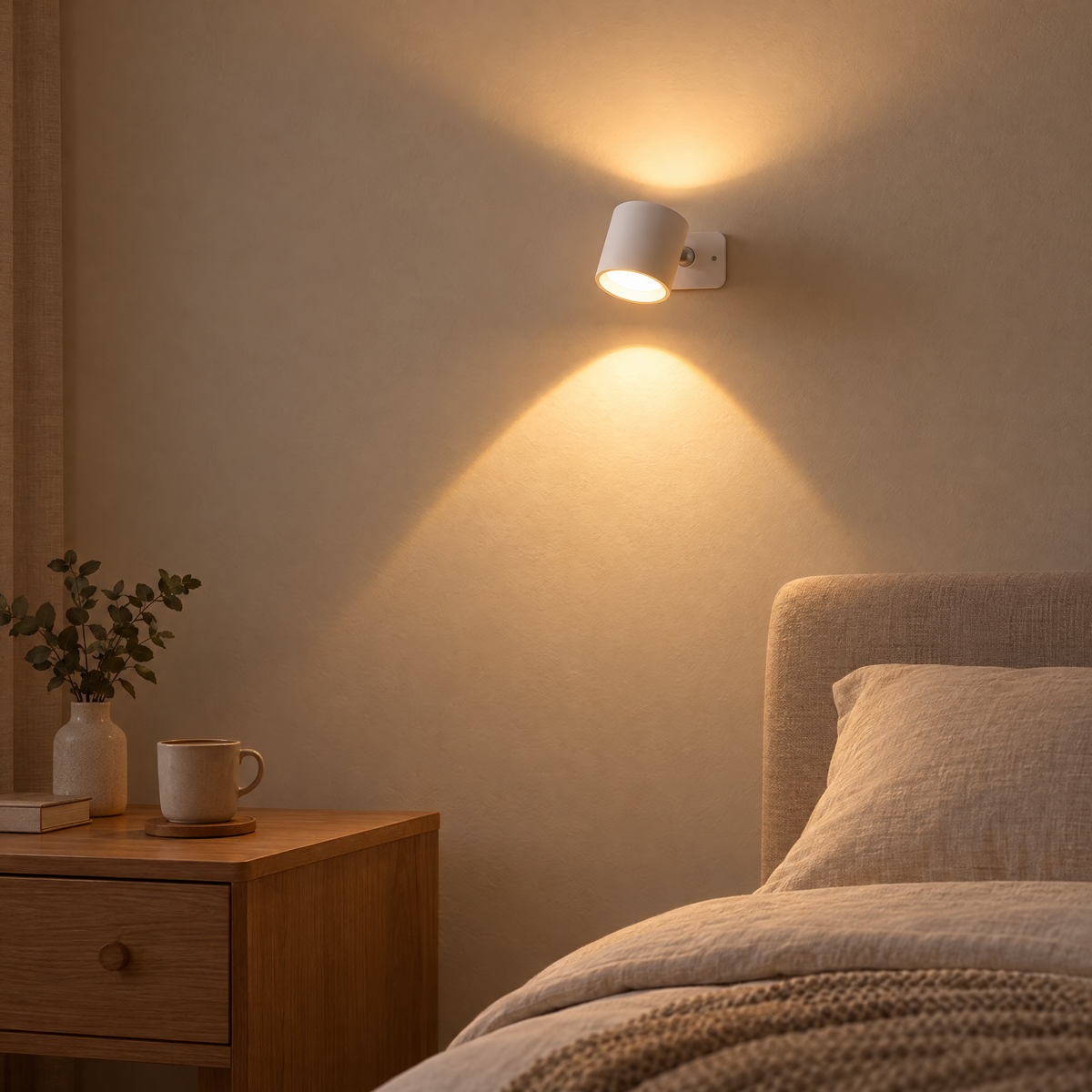 Kenna reading + sunset wall light in white lighting up and down a bedroom wall