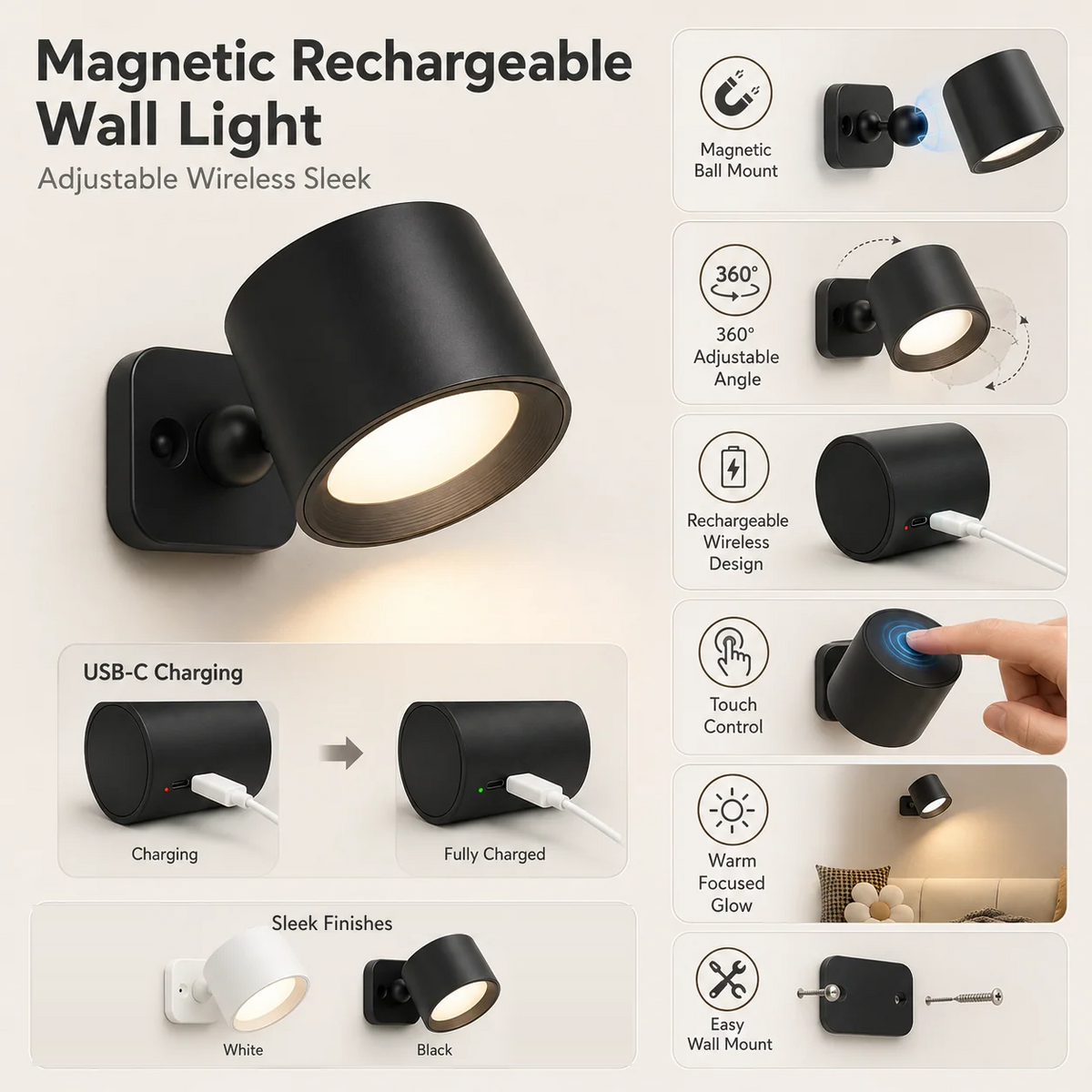 Kenna magnetic rechargeable wall light features: magnetic ball mount, 360° angle, USB-C charging, touch control, in white or black