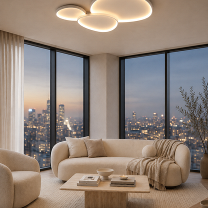 Linara ceiling light glowing above a furnished room