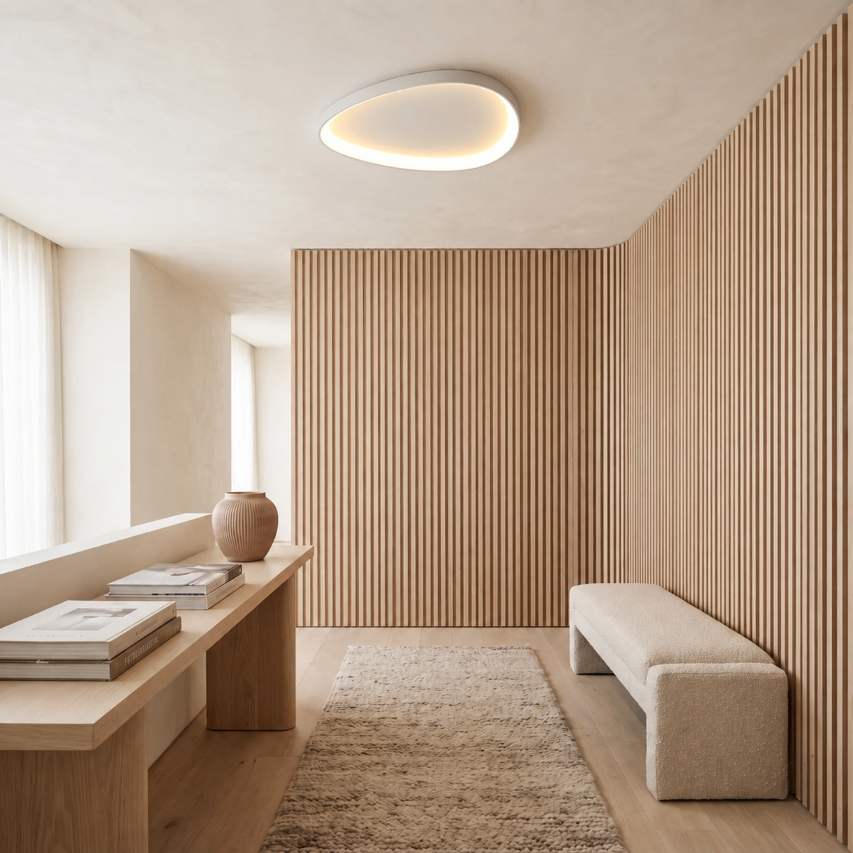 Linara ceiling light seen against a plain ceiling in a styled room