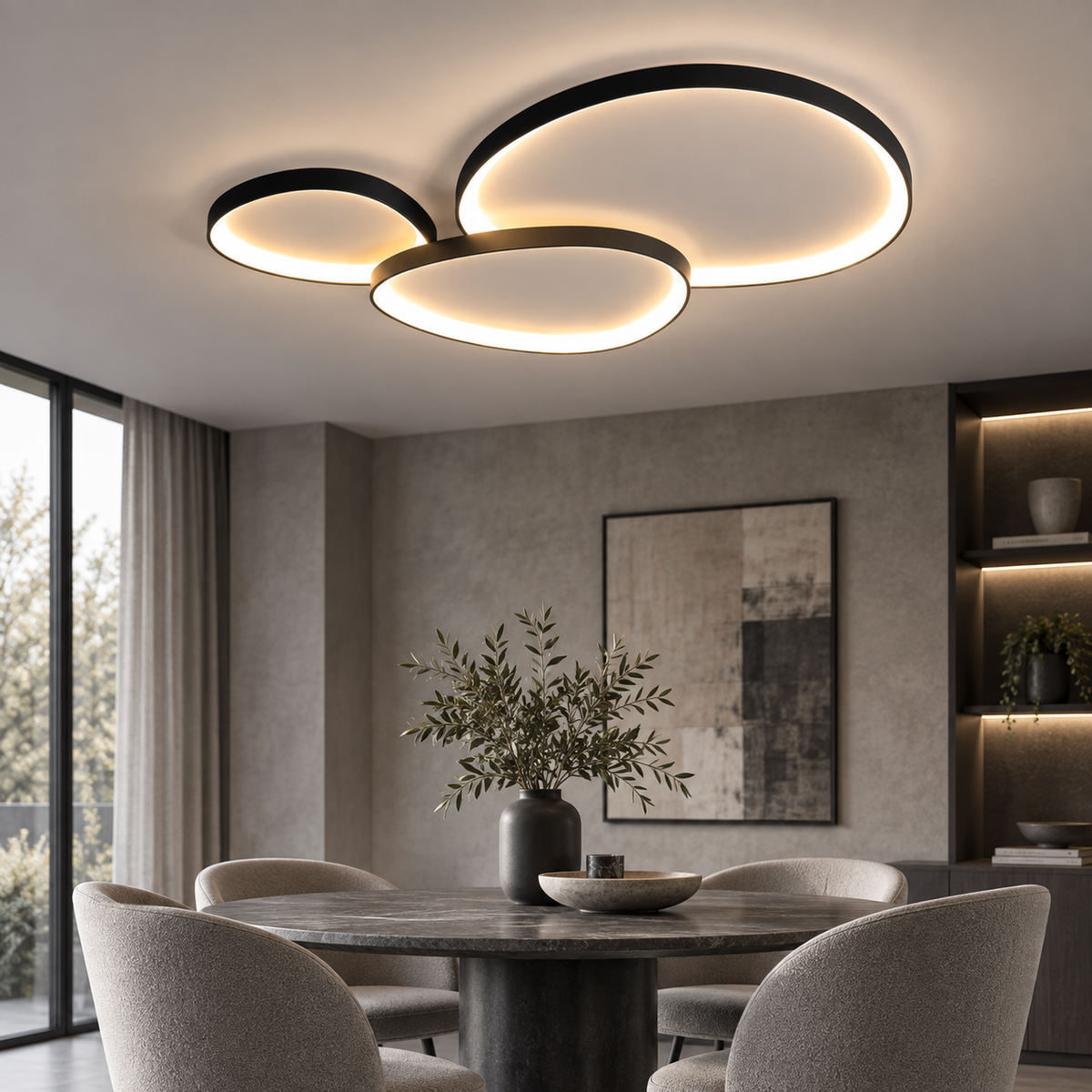 Three Linara flush mount ceiling lights in black, set close together so their rings overlap above a round dining table