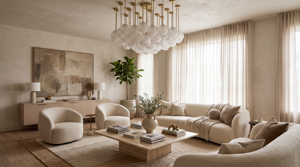Orasens furnished living room with a sculptural glass and brass chandelier