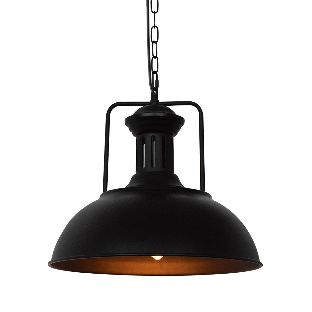 Hugo black dome pendant light switched on, warm bronze interior