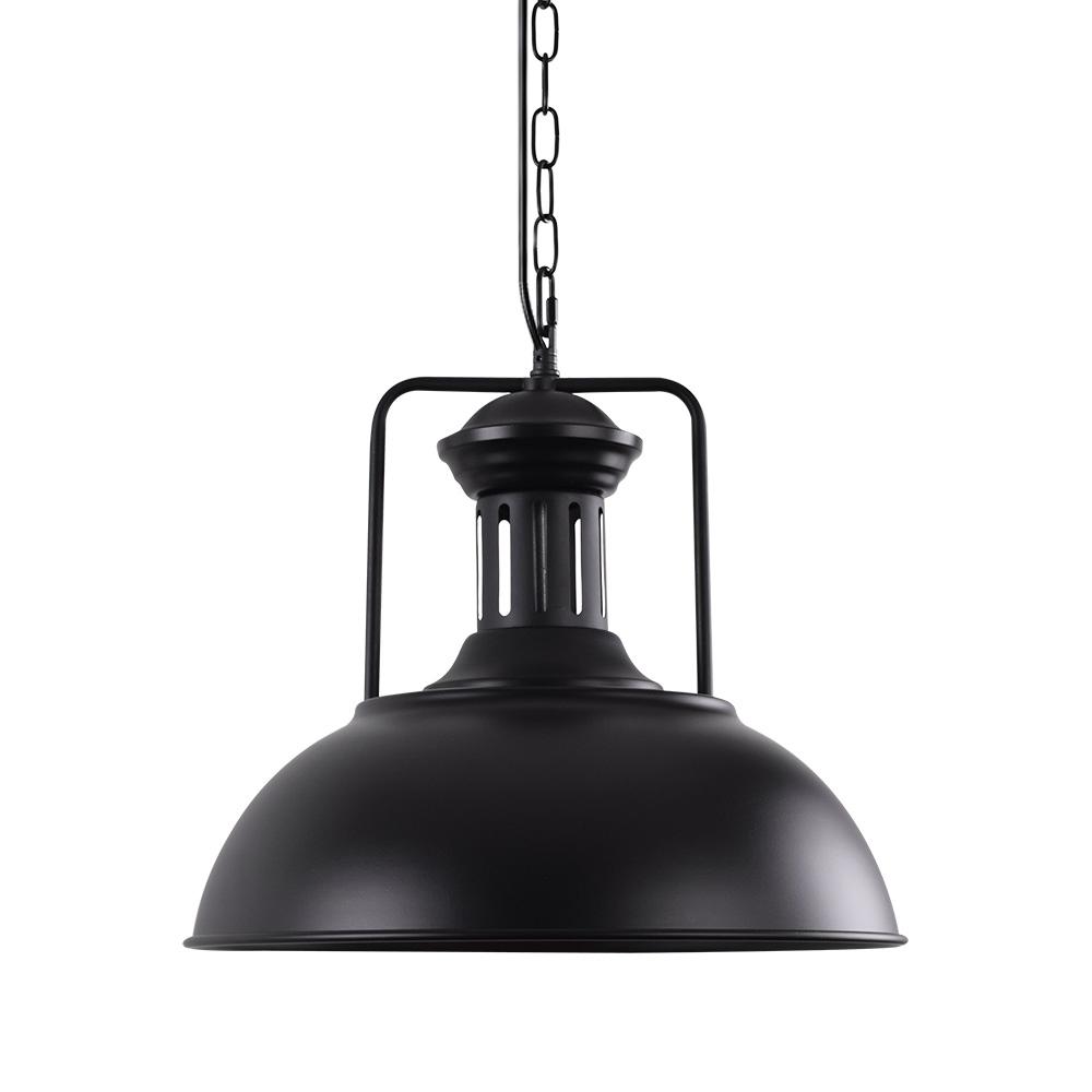 Hugo black dome pendant light with cage frame, on white