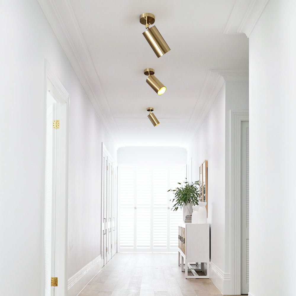Remy adjustable spot ceiling light – in brass in a hallway