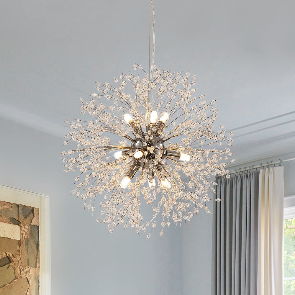 Delphine firework crystal chandelier – in a bright room by a window