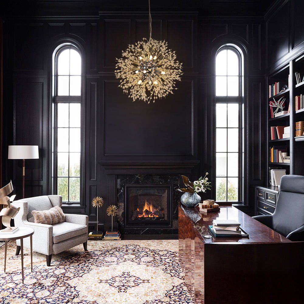 Delphine firework crystal chandelier – in a dark study with arched windows