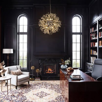 Delphine firework crystal chandelier – in a dark study with arched windows